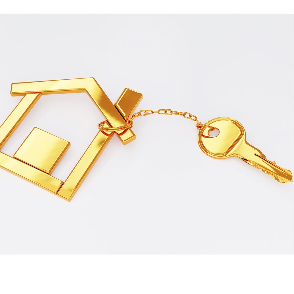 Gold key chain with golden modern house-shape keyholder on white background. Business construction and architecture concept. 3D illustration rendering.